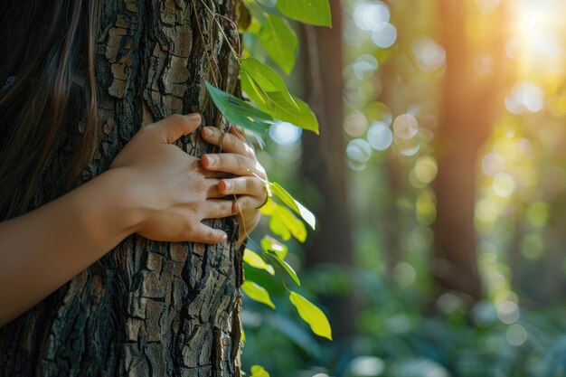 Embrasser un tronc d'arbre avec les mains