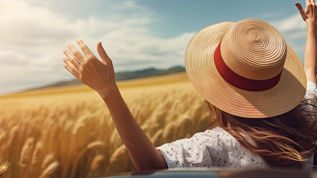 Photo embrassez la chaleur de l'été avec l'image d'une femme qui profite de ses vacances, les mains tenant un chapeau par la fenêtre de la voiture, transmettant l'esprit insouciant du voyage.