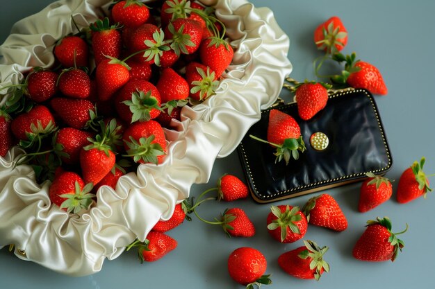 Un embrayage à la mode avec des fraises renversées sur une table