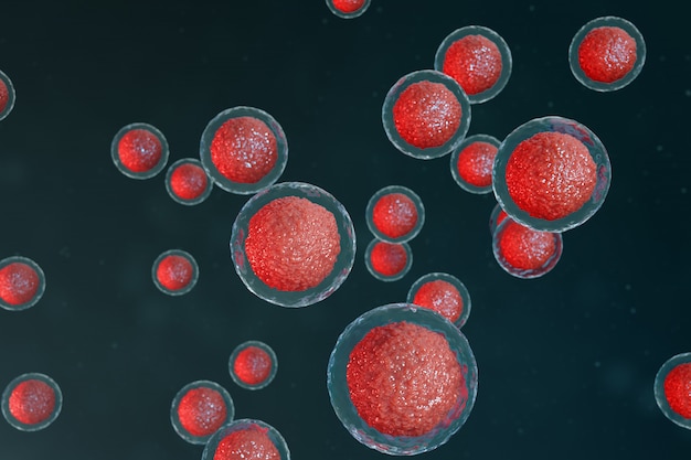 Embryon d'ovules illustration 3D. Cellules embryonnaires avec noyau rouge au centre. Ovules humains ou animaux. Concept scientifique de médecine. Développement d'un organisme vivant au niveau cellulaire sous microscope.