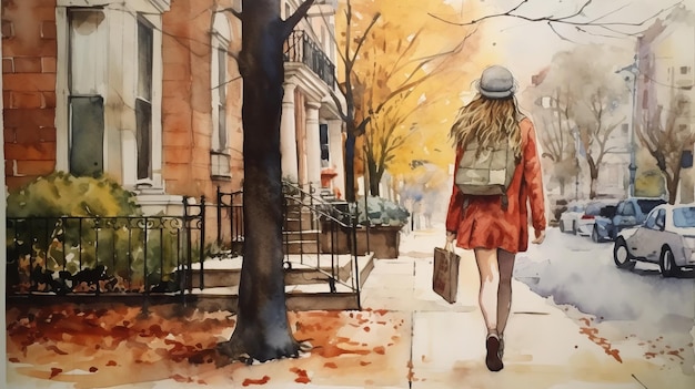 Emily marchant sur le trottoir aquarelle