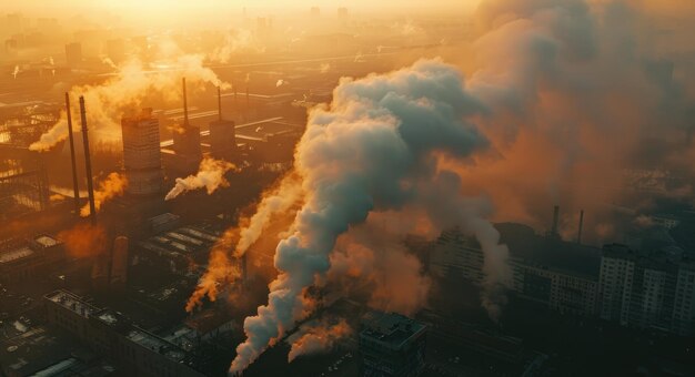 Photo les émissions lourdes de l'usine métallurgique à l'aube montrent des fumées et une contamination