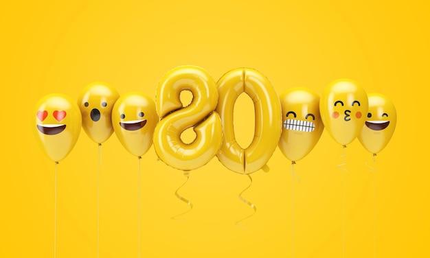 Emoji d'anniversaire jaune numéro 80 fait face à des ballons rendu 3D