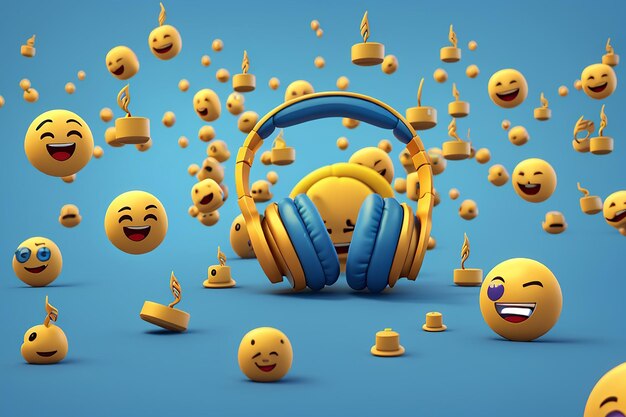 Emoji avec écouteurs et musique 3D sur fond bleu