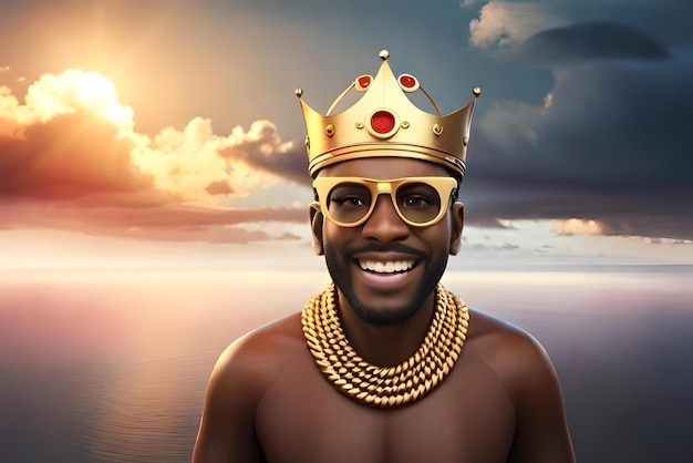 emoji de personnage souriant avec des lunettes de soleil dorées et une couronne royale illustration 3D