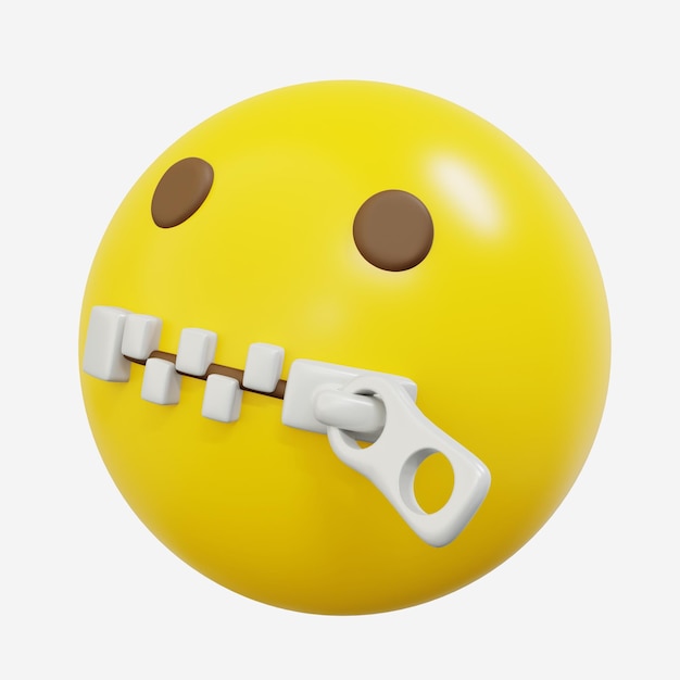 Émoticône 3d tais-toi avec fermeture à glissière sur la bouche emoji de dessin animé ou boule jaune souriante