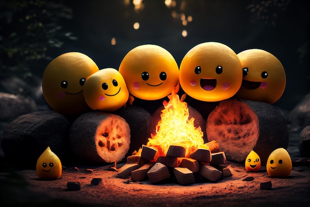 Les émoticônes jaunes emoji se reposent dans la nature près de l'illustration du feu Generative AI