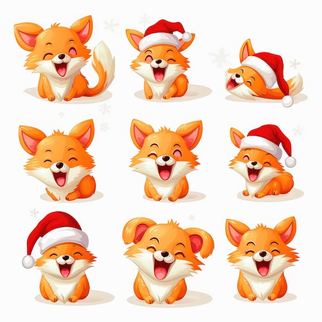 Les emoticons du Nouvel An, les renards drôles, les emoji de style dessin animé, le Nouvel An et Noël.