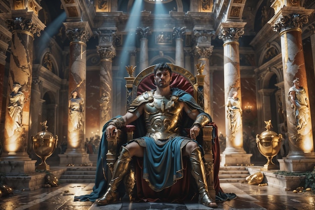 L'empereur romain majestueux en armure complète assis sur un trône dans l'architecture ancienne du palais romain
