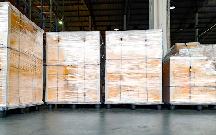 Photo empiler des boîtes en carton emballant du plastique sur des palettes pour l'expédition à l'exportation, la logistique de l'industrie de l'entrepôt, le transport de marchandises