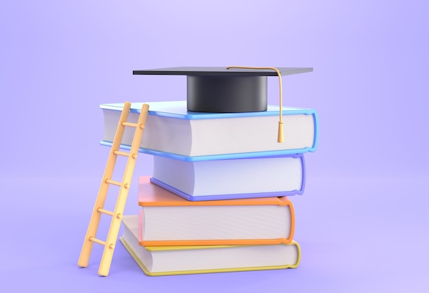 Empiler des livres avec une échelle et une casquette académique carrée noire sur le dessus isolé sur fond violet rendu 3d Diplôme d'études collégiales ou universitaires dans le concept d'éducation du succès de la croissance