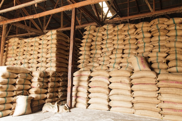 Empiler des sacs de riz sur du chanvre