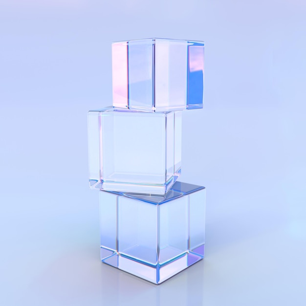 Empilez des cubes ou des blocs de cristal avec une lumière de réfraction dans un prisme et un verre à effet de dispersion composition irisée de boîtes carrées claires avec une texture dégradée chromatique sur fond bleu rendu 3d