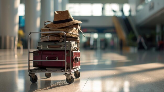 Photo empilez des valises de différentes tailles et couleurs avec un chapeau de paille sur le dessus placé sur un chariot à bagages