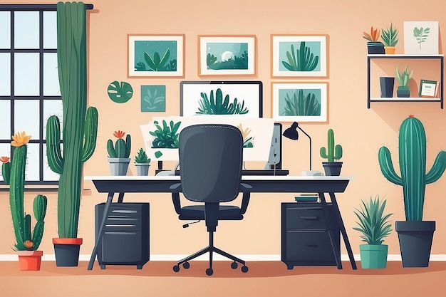 Emplacement de travail pour concepteur ou pigiste illustration plate vectorielle Emplacement de travail créatif avec moniteur et cactus sur le bureau chaise moodboard