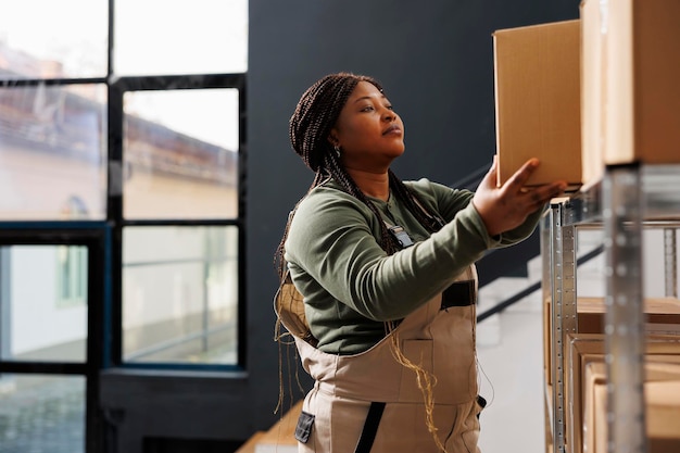 Employé afro-américain mettant des produits dans des boîtes en carton, préparant les commandes des clients dans l'entrepôt. Superviseur de la salle de stockage travaillant à l'expédition des colis tout en effectuant le contrôle de la qualité des marchandises