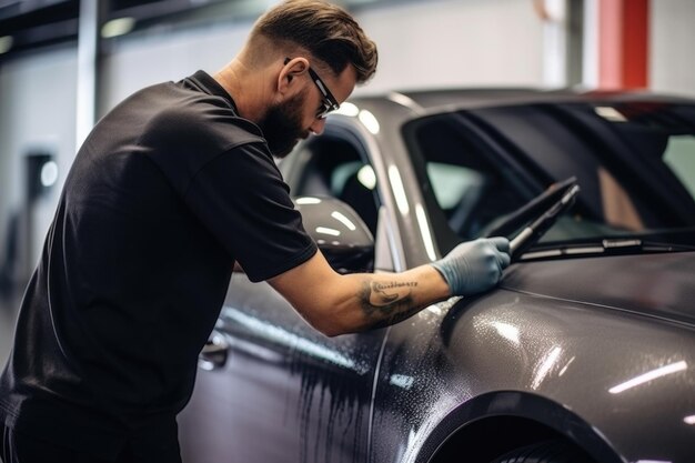 Un employé applique un revêtement en céramique à une voiture grise dans un studio de détail