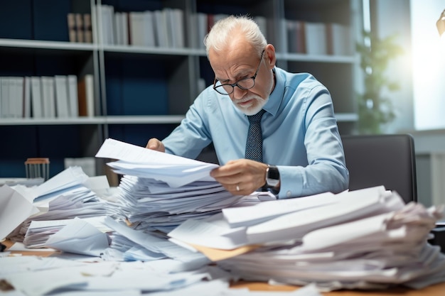 Un employé de bureau assis à son bureau avec un ordinateur souffre d'un travail infernal et de paperasse