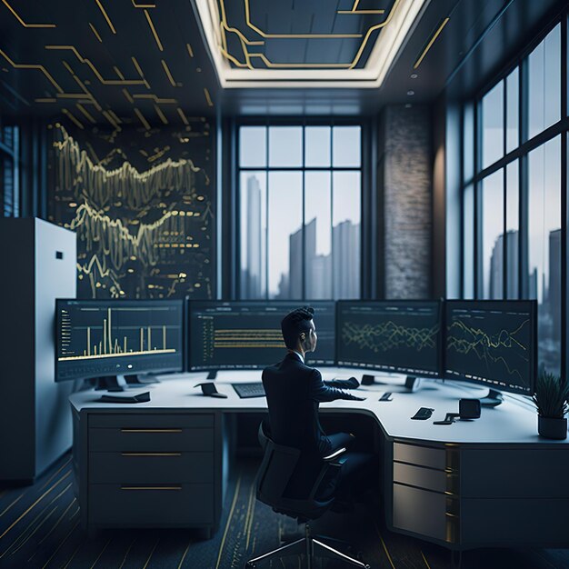 Employé de bureau de démarrage regardant concentré sur l'analyse des stocks d'entreprise dans un bureau futuriste
