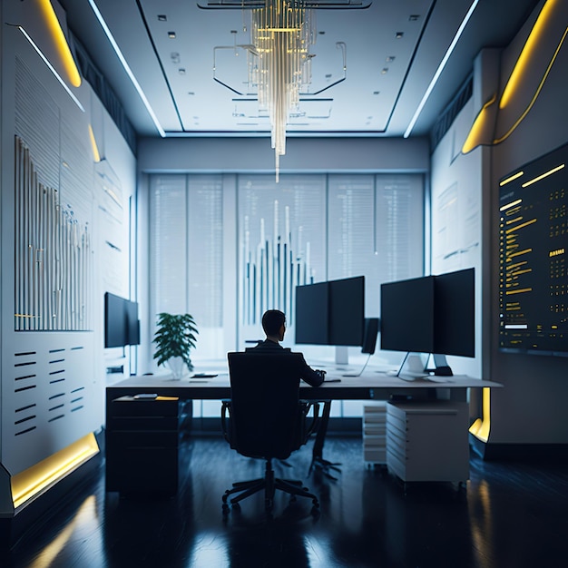 Employé de bureau de démarrage regardant concentré sur l'analyse des stocks d'entreprise dans un bureau futuriste