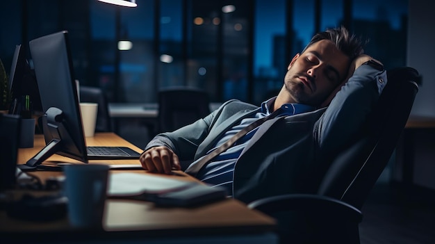 Un employé de bureau dort dans sa chaise.