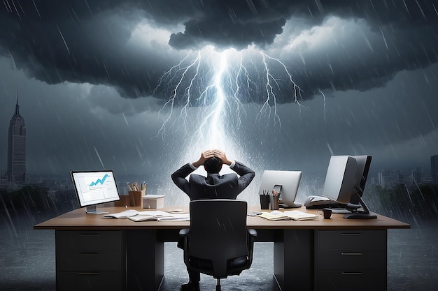 Un employé de bureau a eu une mauvaise journée pendant qu'il travaillait. Un nuage blanc au-dessus de sa tête avec un tonnerre de pluie torrentielle.