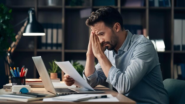 Un employé de bureau fatigué soupire mal à l'aise, travaille tard, a des délais, étudie des rapports et des documents.