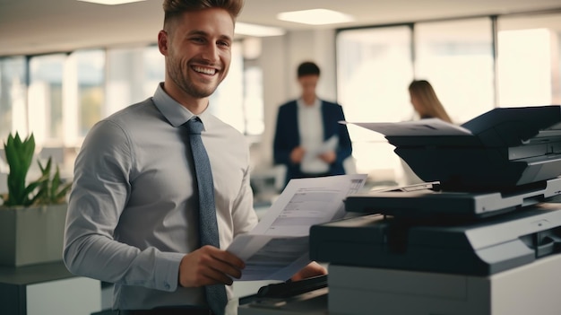 Un employé de bureau imprime du papier sur une imprimante laser multifonctionnelle Documents et papiers au travail