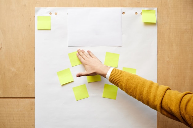 Photo l'employé de bureau met l'autocollant à bord se préparant au projet