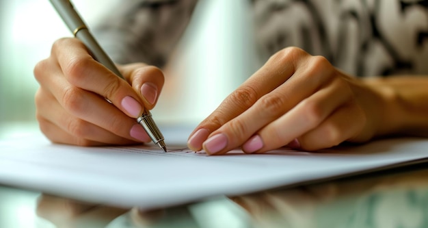 Employé de bureau signant un document avec un stylo, photo de rapports papier d'entreprise