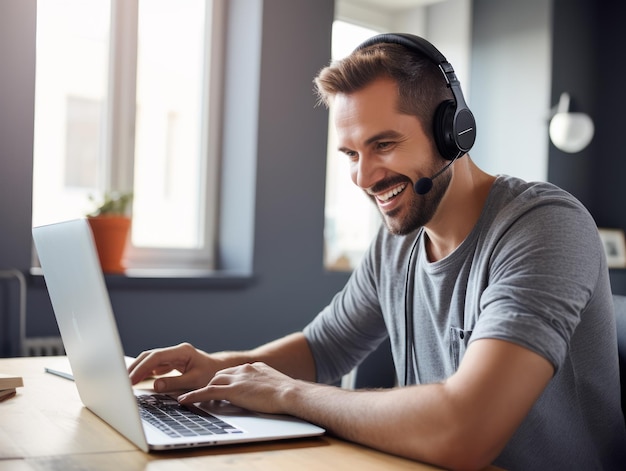 Un employé de bureau souriant portant des écouteurs devant son ordinateur portable travaille et effectue un appel vidéo