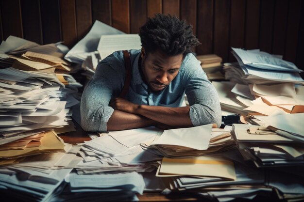 Un employé de bureau stressé et épuisé avec une pile de documents sans beauté