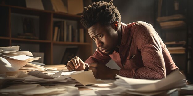 Photo un employé de bureau stressé et épuisé avec une pile de documents sur son bureau sans beauté