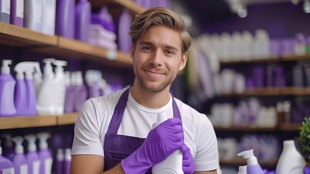 Employé confiant dans un tablier violet dans un magasin de produits de nettoyage