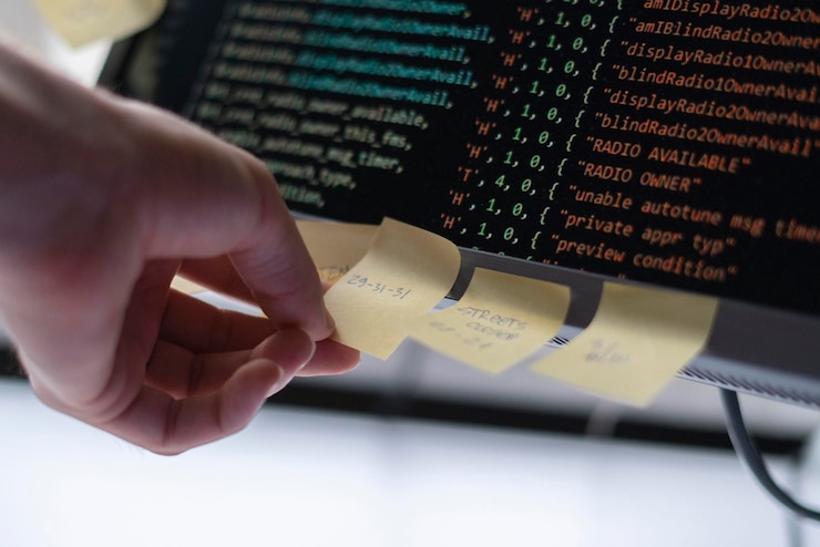 Photo un employé du bureau fixe l'autocollant de note papier à l'écran de l'ordinateur
