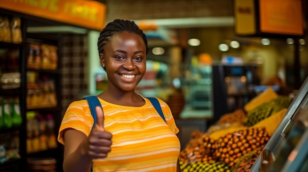 Photo employé du magasin qui est une femme et un sourire africain et donne le pouce en l'air generate ai