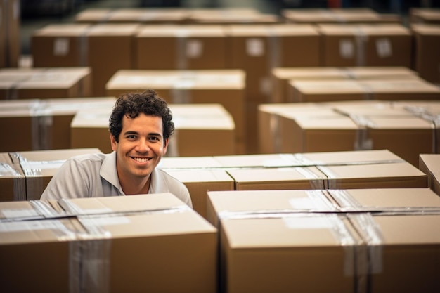 Employé d'un entrepôt qui regarde des boîtes de carton blanches