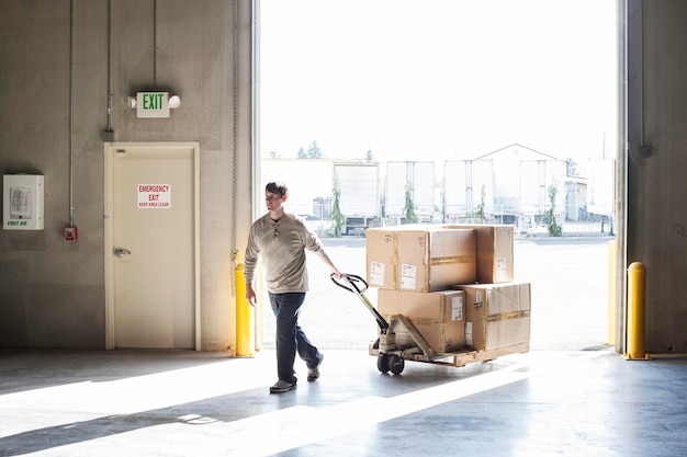 Un employé d'entrepôt de sexe masculin déplaçant des boîtes de produits à l'aide d'un transpalette manuel