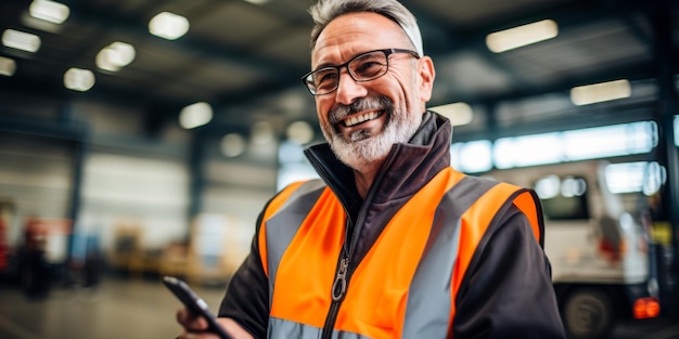 Un employé d'entrepôt souriant dans un gilet réfléchissant utilisant un smartphone