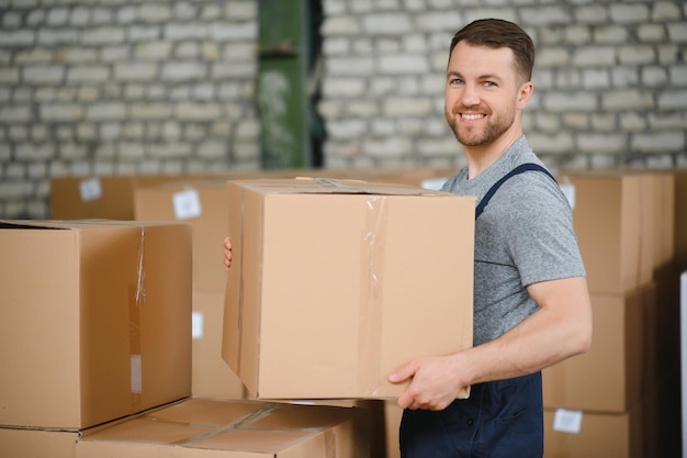 Employé d'entrepôt transportant un carton pour livraison au stock de production