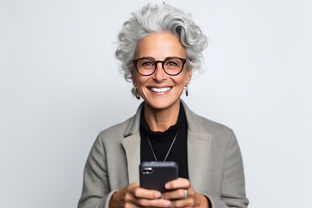 Un employé d'une entreprise française avec un style hipster est montré dans cette image tenant un smartphone sur un fond blanc avec un comportement confiant et professionnel Generative AI