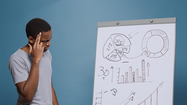 Un Employé De L'entreprise Réfléchit à Des Idées Pour Créer Une Présentation De Graphiques, Effectue Une Analyse Financière Pour Planifier La Croissance De La Stratégie Commerciale. Homme écrivant Un Rapport De Statistiques Sur Un Tableau Blanc En Studio.