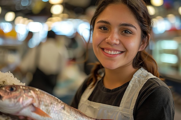 Un employé d'une épicerie une dame est rayonnante à la caméra tout en portant un poisson snapper heureusement et l'espace IA générative