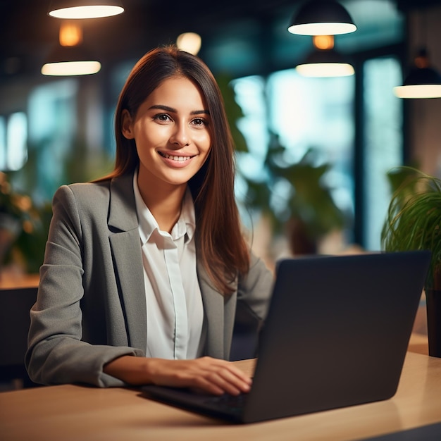 Employé de jeune femme d'affaires professionnelle heureuse assis au bureau travaillant sur ordinateur portable