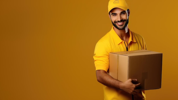 Employé de livraison en vêtements jaunes tenant une boîte en carton avec un colis sur un fond jaune