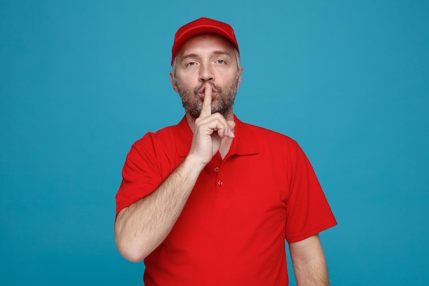 Employé de livreur en uniforme de t-shirt blanc à casquette rouge regardant la caméra avec un visage sérieux faisant un geste de silence avec le doigt sur les lèvres debout sur fond bleu