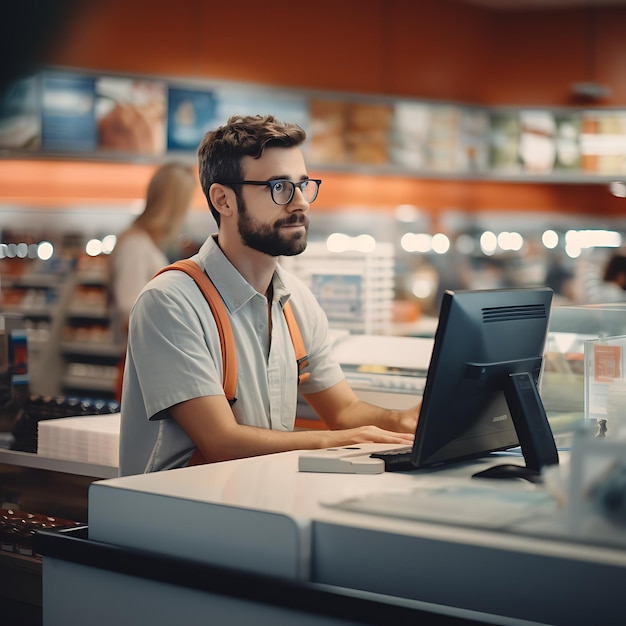 Un employé masculin dans un supermarché se tient à la caisse et prend soin de ses clients