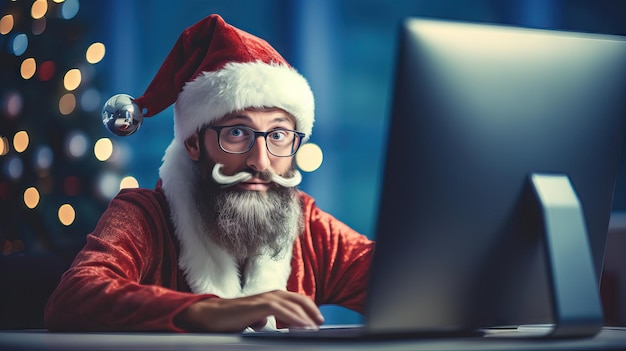 Employé masculin portant le nez de Rudolph clignotant alors qu'il travaillait sur un ordinateur généré par l'IA