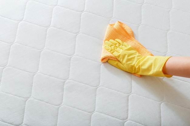 L'employé nettoie la surface du matelas sur le lit avec un chiffon. Nettoyage des surfaces de désinfection. Personne de l'entreprise de nettoyage Main dans la main faire le nettoyage chimique du matelas. Espace de copie.