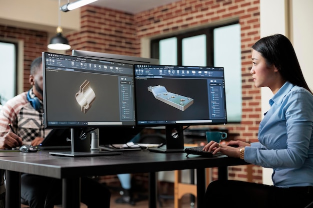 Employé professionnel de l'agence de création créant un croquis 3D à l'aide d'un logiciel avancé. Ingénieur numérique développant un prototype de maillage à l'aide d'un ordinateur moderne tout en étant assis au bureau.